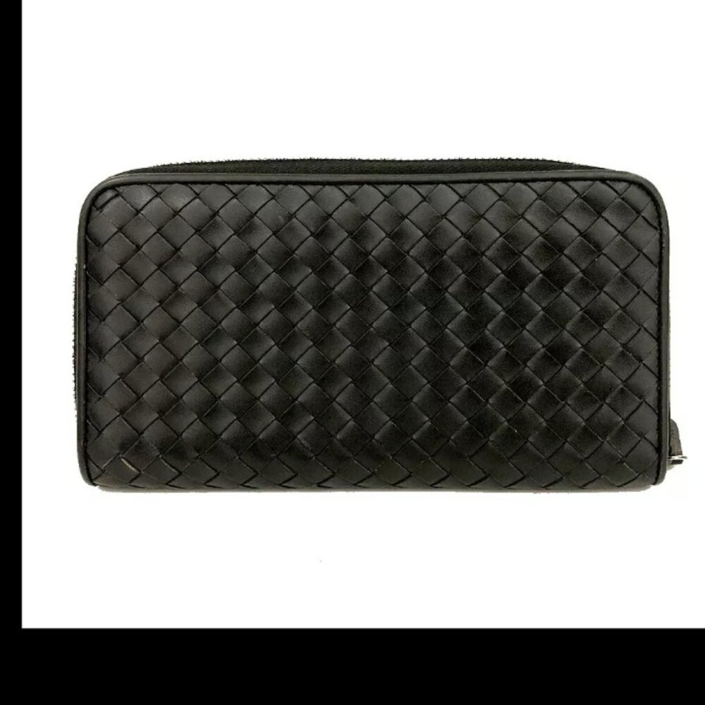 AUTHENTIC BOTTEGA VENETA BLACK INTRECCIATO LAMBSKIN ZIP AROUND LONG WALLET